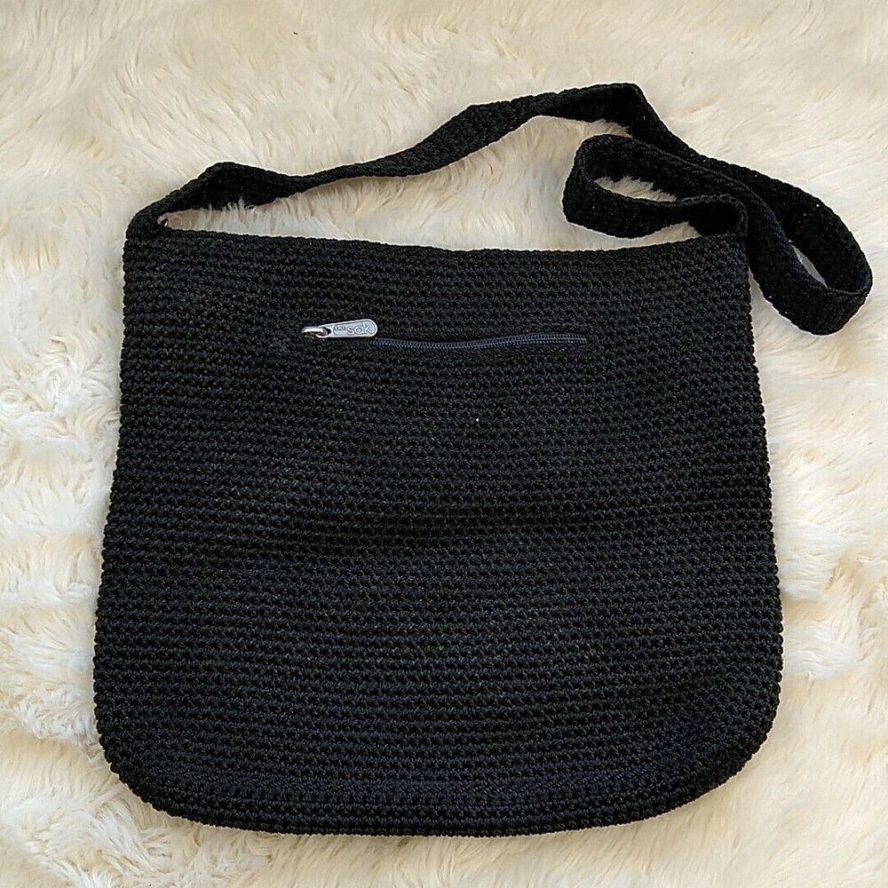 The Sak Womens Shoulder Bag Black Nylon Crochet Zip Pocket